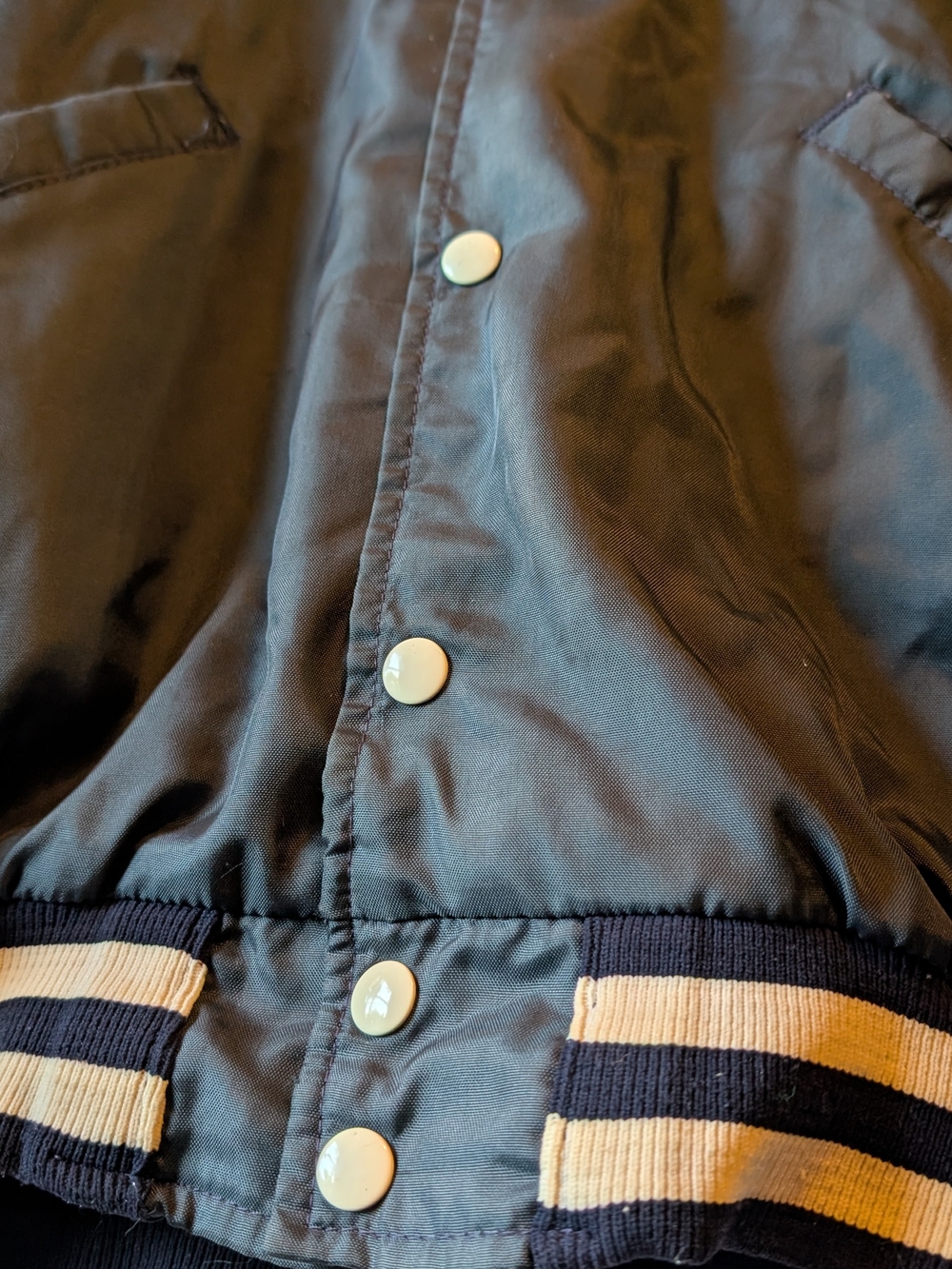 Retro 80's Navy Embroidered Bomber Jacket Windbreaker Snap Button Abby Coat Sz M - Picture 4 of 6